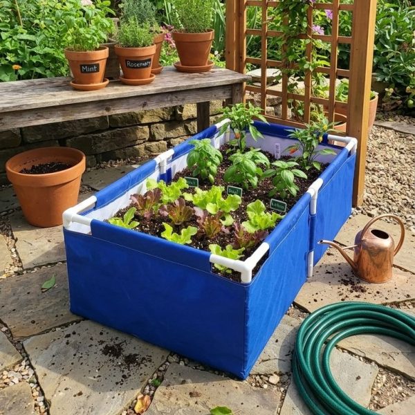 PVC Coated Nylon Fabric UV Protected 450 GSM Blue Color Rectangular Plants Grow Bag Suitable for Terrace Gardening with PVC Pipe Support (48x24x12 inch) Pack of 1