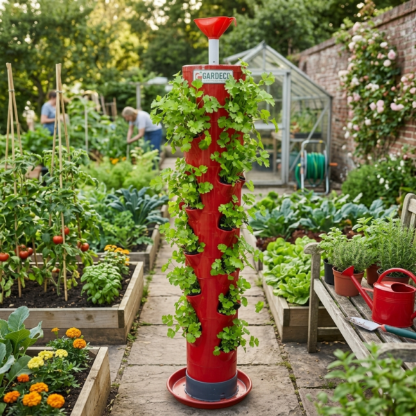Hybrid Vegetable Tower - Vertical Soil Based Planter Perfect for Home Vegetable Gardening (for 10+1 Big Vegetable Plants) - Red (Pack of 1)