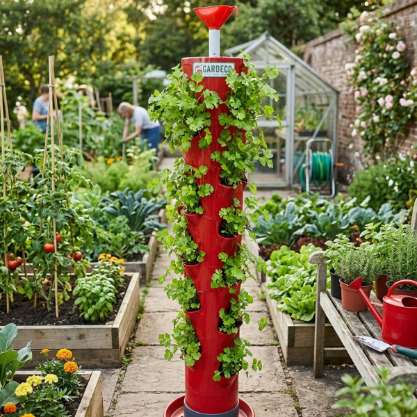Hybrid Vegetable Tower - Vertical Soil Based Planter Perfect for Home Vegetable Gardening (for 10+1 Big Vegetable Plants) - Red (Pack of 1)