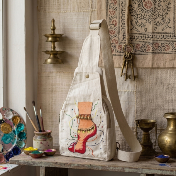 Hand-Painted White Canvas Sling Bag with Copper Ghungroo Bells – Girls Crossbody Handbag
