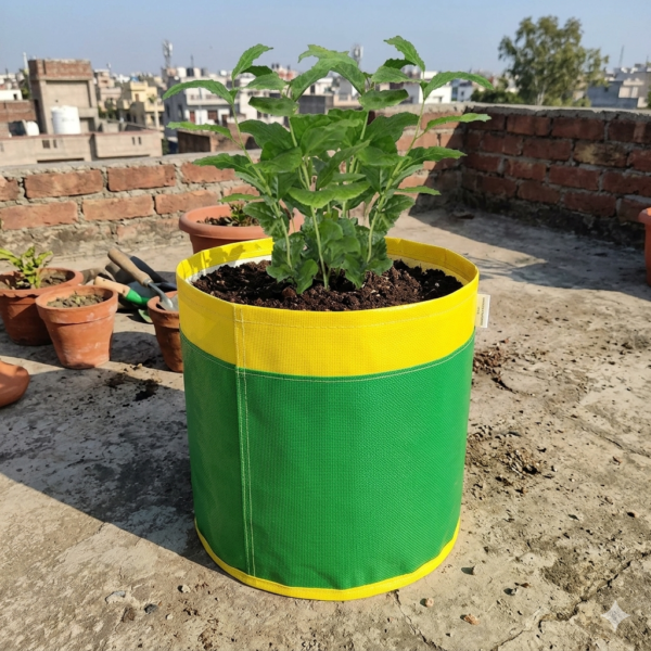 PVC Coated Nylon Fabric 450 GSM Heavy Duty UV Resistant Yellow+Green Gardening Grow Bag (12'' x12'' Pack of 10)