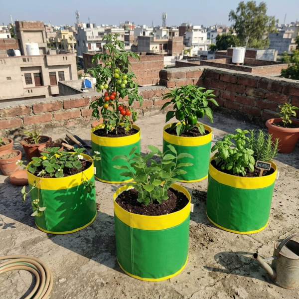 PVC Coated Nylon Fabric 450 GSM Heavy Duty UV Resistant Yellow+Green Gardening Grow Bag (12'' x12'' Pack of 5)