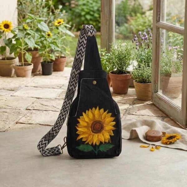 Hand-Painted Sunflower design Black Canvas Sling Bag for Women & Men Crossbody Bag with Adjustable Strap & 4 Pockets