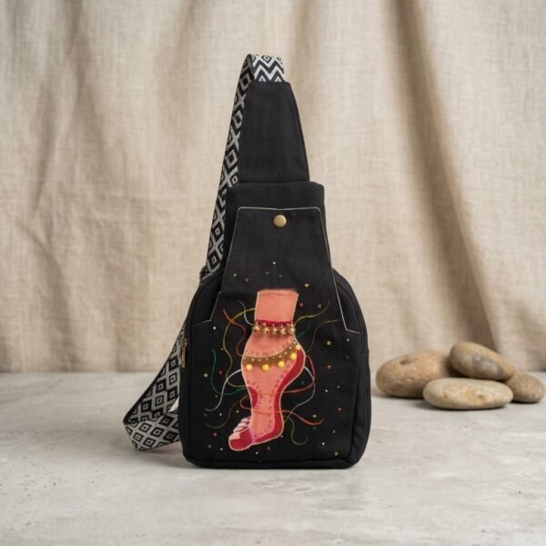 Hand-Painted Black Canvas Sling Bag with Copper Ghungroo Bells – Girls Crossbody Handbag